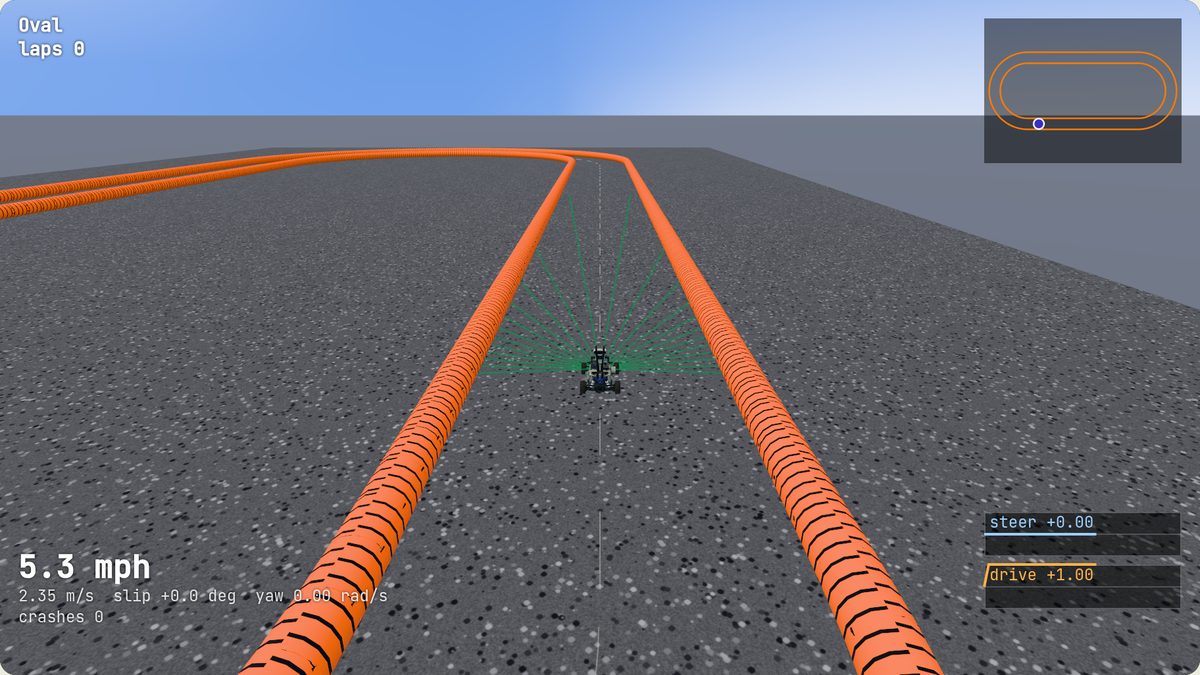 The simulated car on the oval track, with the 24 green lidar rays fanned out ahead of it
