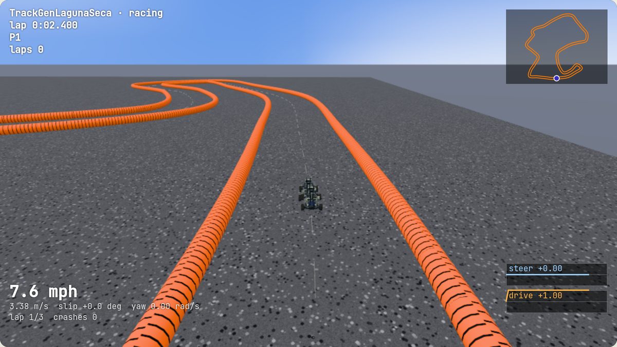 The race: the simulated car on the Laguna Seca track with the lap timer and a minimap