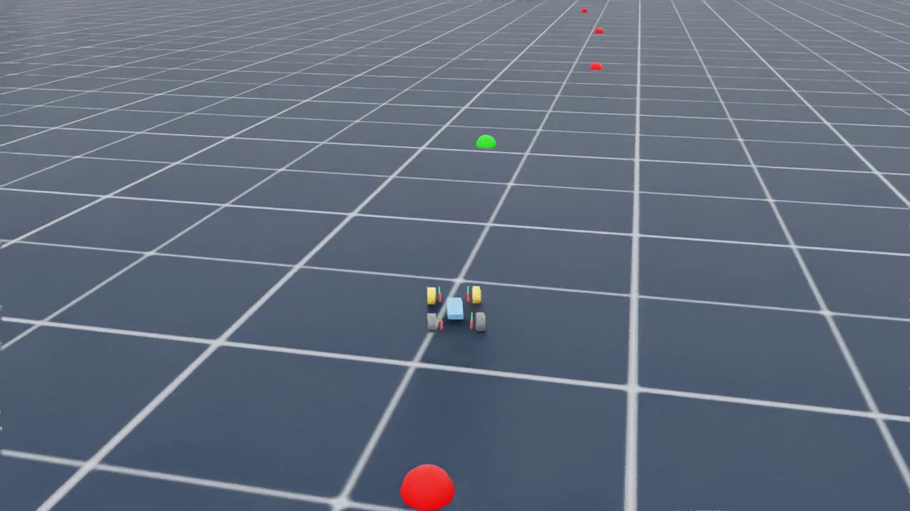 Chase camera of the simulated car crossing a grid toward its waypoints