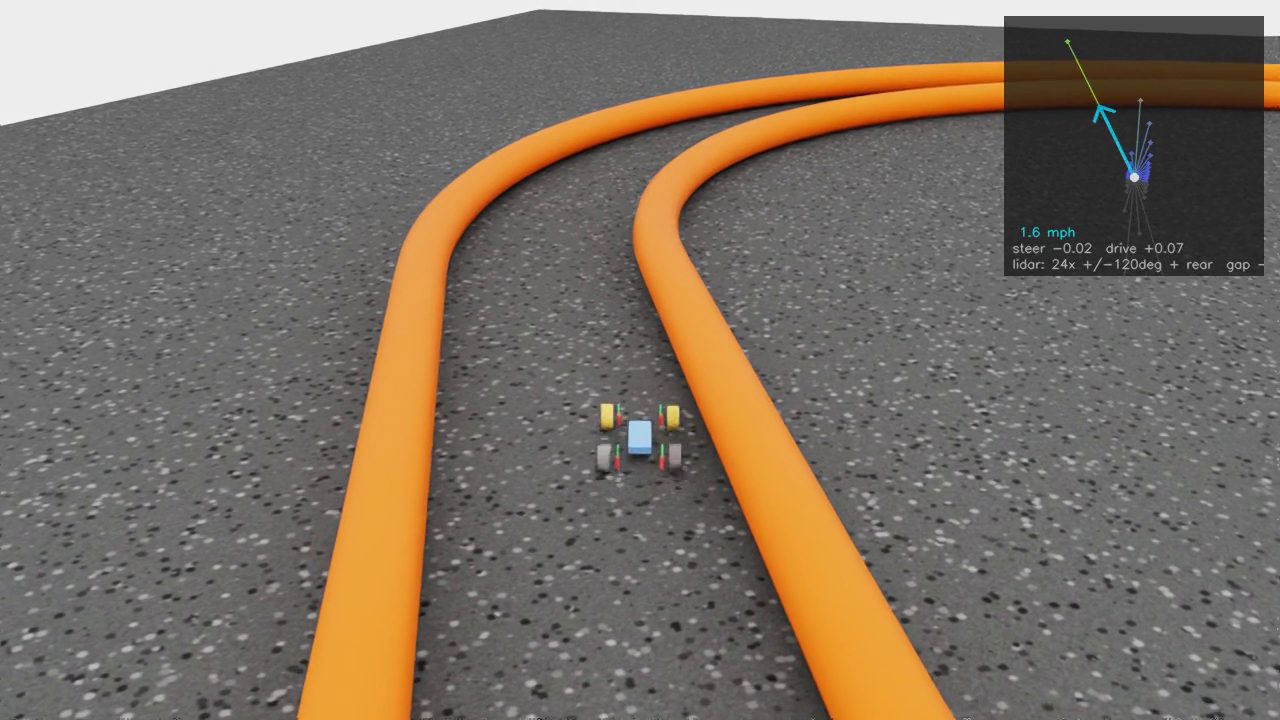 The simulated car between orange track walls, with the lidar fan overlay in the corner